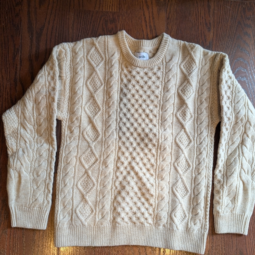 Wills Mens Cream Cable-Knit Sweater Sz M Fishermancore Grandpa 100 Wool Heritage